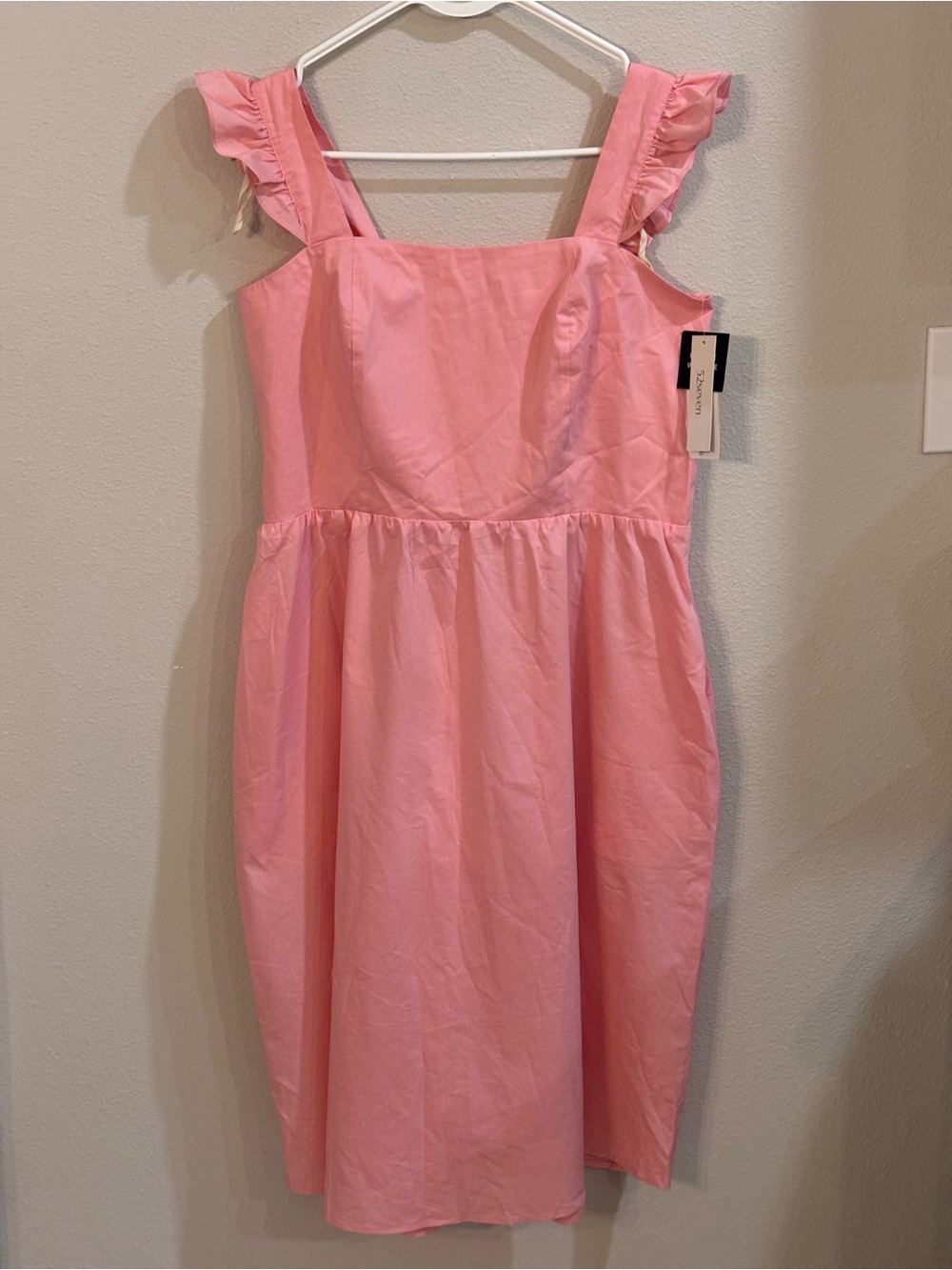 52Seven Coral Pink Ruffle Strap Square Neck A line dress, 12P, NWT